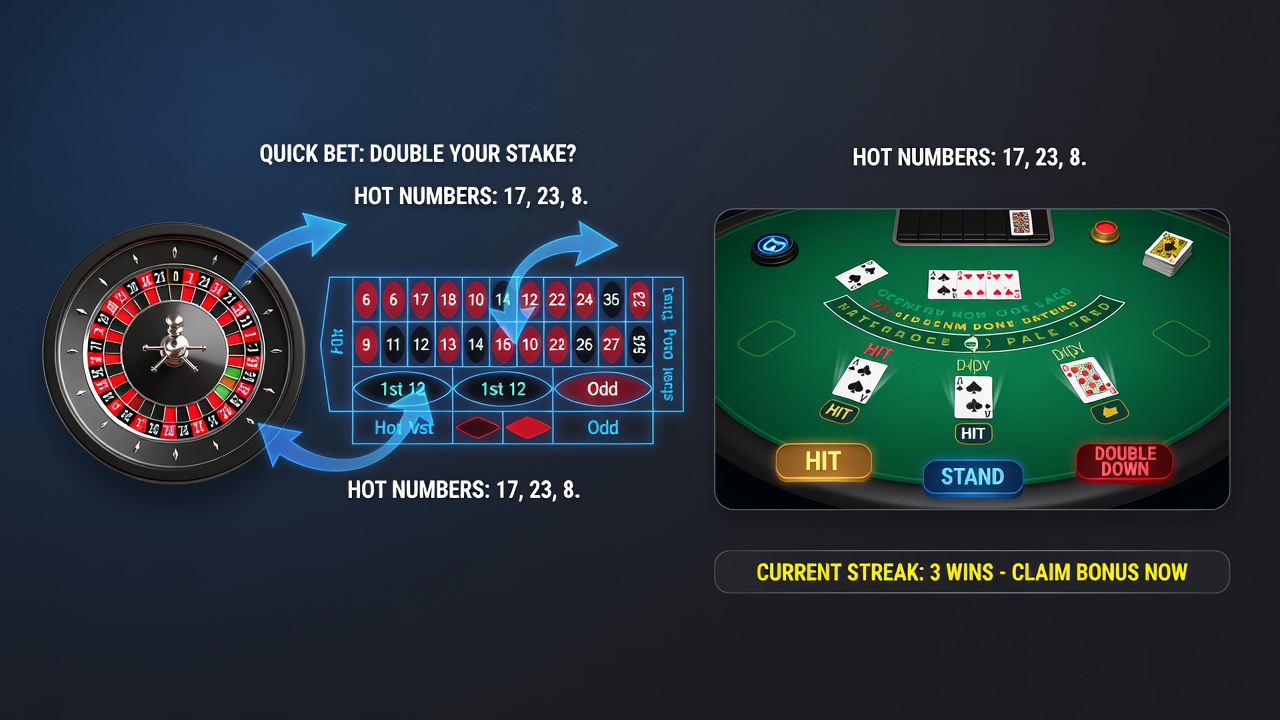 Darstellung von Benutzeroberflächen-Elementen in digitalen Roulette- und Blackjack-Spielen mit Fokus auf Bet-Buttons und Layouts