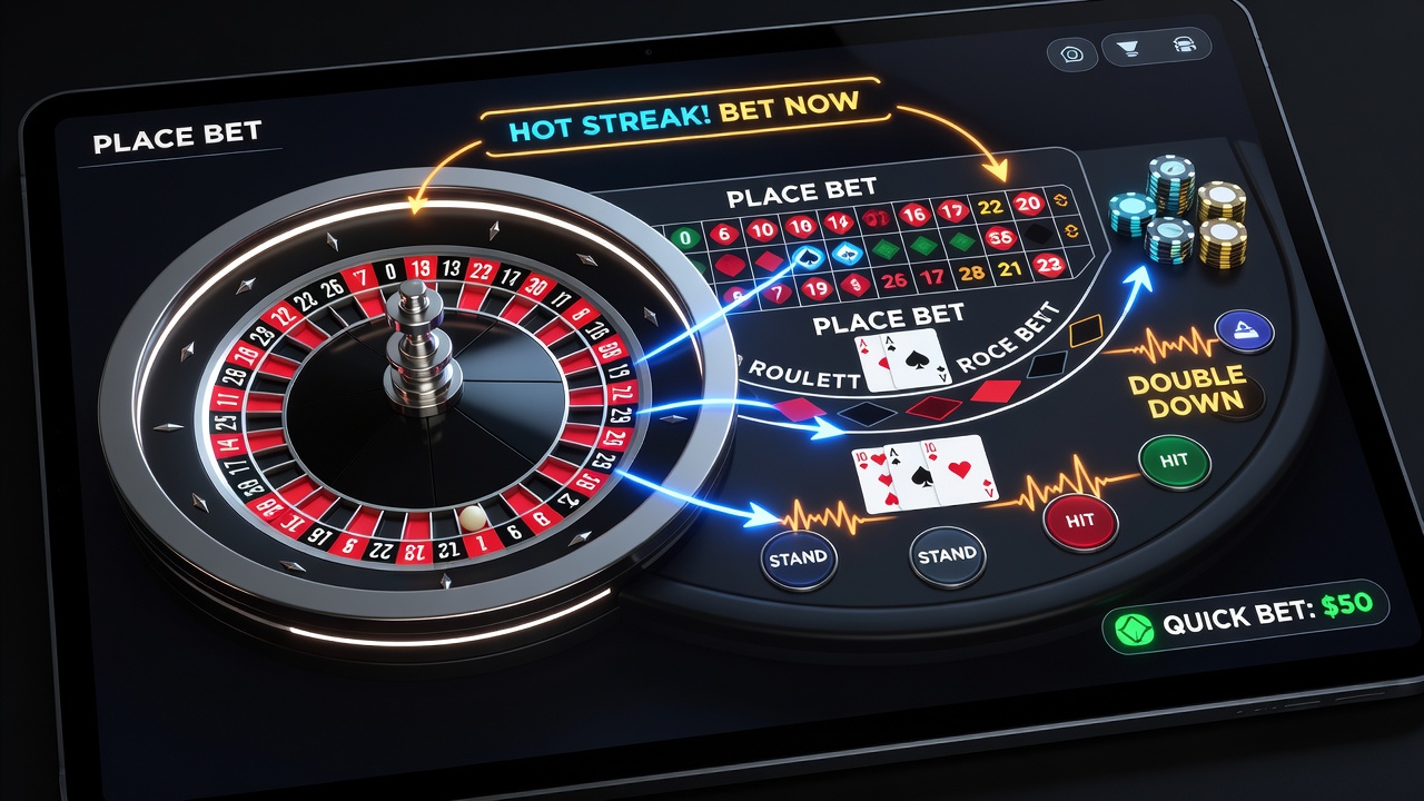 Beispiel für Feedback-Animationen und History-Displays in digitalen Blackjack- und Roulette-Interfaces