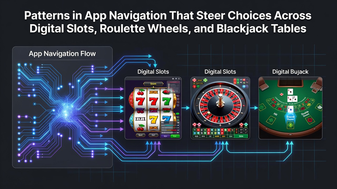 Beispiel für Navigationsleisten und Schaltflächen in einer mobilen Glücksspiel-App, die Slots, Roulette und Blackjack anzeigen